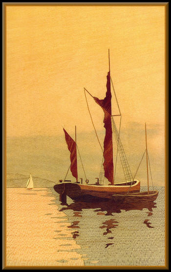 Marquetry Picture: Waiting for the tide. By Horrie Pedder