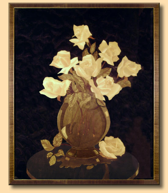 Picture: Horries brilliant marquetry picture of roses in a round glass vase